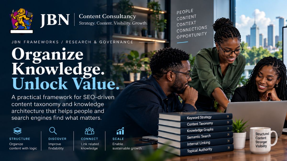 JBN Content Consultancy Frameworks: SEO content taxonomy and knowledge architecture connecting topics, intent, audiences and formats for greater visibility and value.