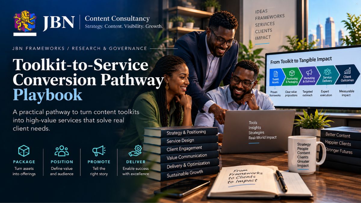 Toolkit-to-Service Conversion Pathway Playbook showing how content resources become relevant services through value positioning, outreach, delivery and measurable client outcomes.