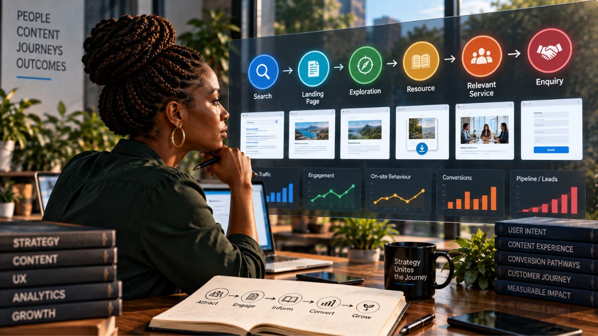 Black woman studies a content journey from search and landing page through exploration, resources, services and enquiry alongside performance metrics.