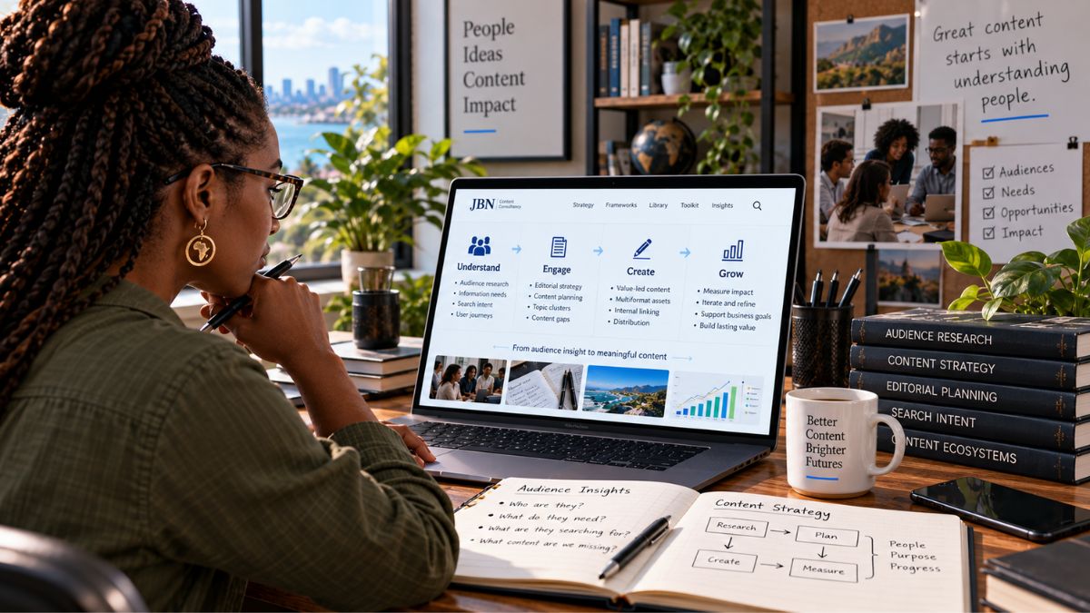 Content strategist reviewing audience insights, information needs and content relationships on multiple screens while mapping an interconnected digital ecosystem.