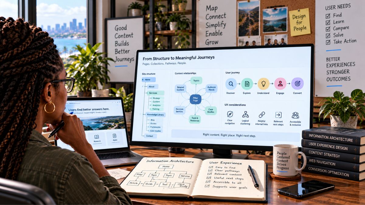 UX professional mapping relationships between pages, content collections and user pathways while using analytics to align information architecture with audience needs.
