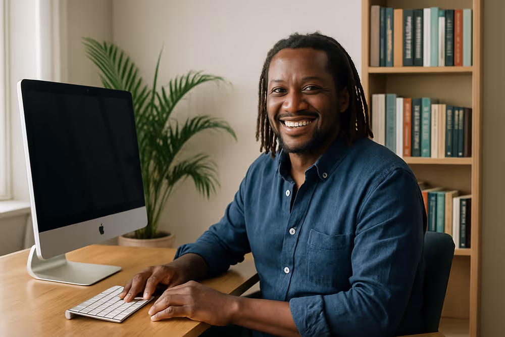 Brian Njenga, Kenyan freelance content writer and copywriter in Mombasa, working at minimalist desk with iMac.
