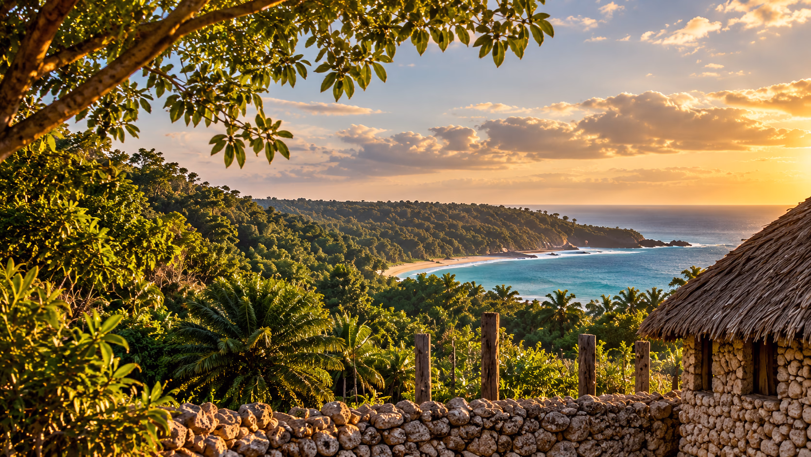 Golden-hour view of Kenya’s coastal hinterland, with lush forest, turquoise water, a stone-walled homestead and thatched roof beneath a glowing sky.
