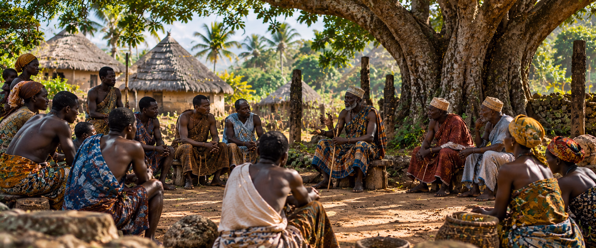 Artistic interpretation of a community gathering beneath a large tree, with elders and other community members seated in discussion.