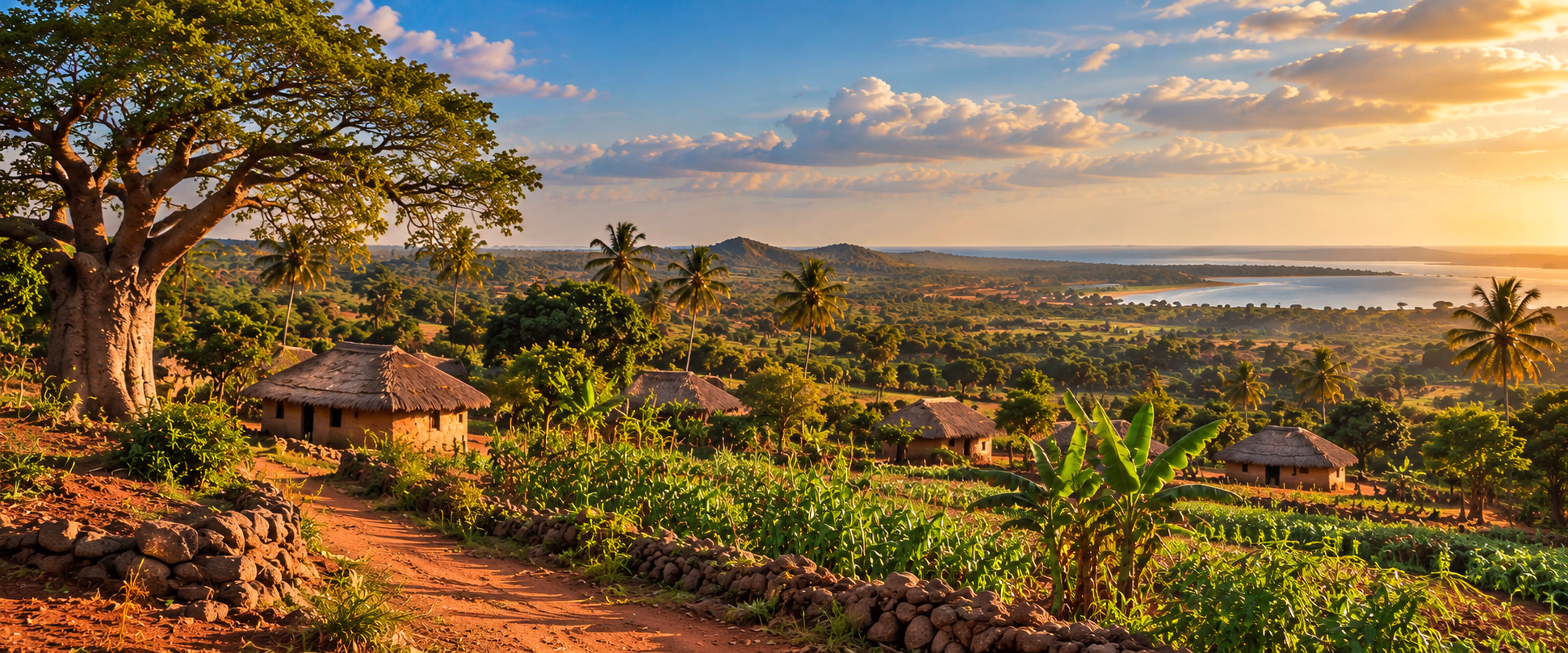 An artistic interpretation of the Giriama coastal hinterland, evoking the landscape of Mekatilili wa Menza's world. This is an imagined scene, not a historical photograph or a verified reconstruction of a specific settlement.