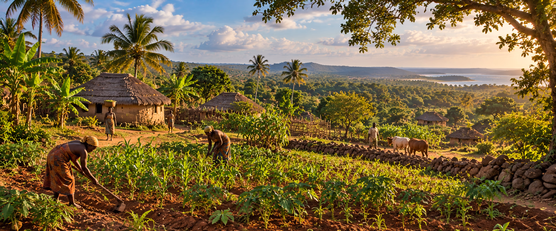 AI-generated scene of villagers tending crops beside thatched homesteads, cultivated fields and stone boundaries in a green coastal landscape.