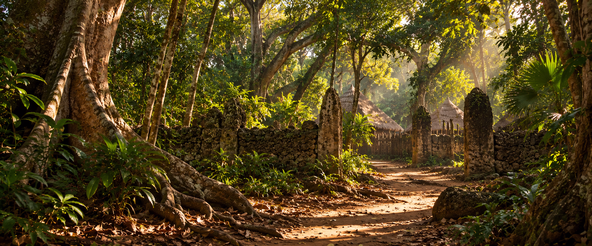 Artistic interpretation of a forest path leading toward a stone enclosure beneath a dense, sunlit coastal woodland canopy.