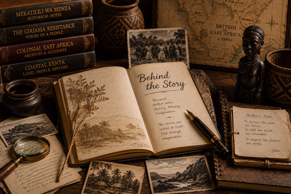 Behind the Story artwork featuring an author's desk, historical manuscripts, research notes, maps and writing tools for the Mekatilili wa Menza literary universe.