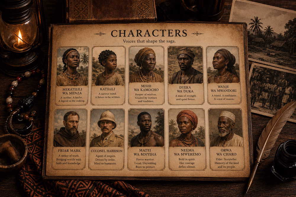 Characters artwork featuring Mekatilili wa Menza and key figures from the Mekatilili Universe, including warriors, elders, allies and colonial-era characters.