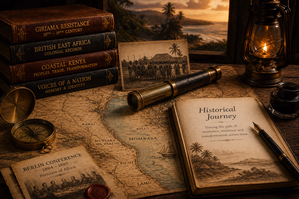 Historical Journey artwork featuring a coastal Kenya map, Giriama resistance research, British East Africa records, and the 1884–1885 Berlin Conference.