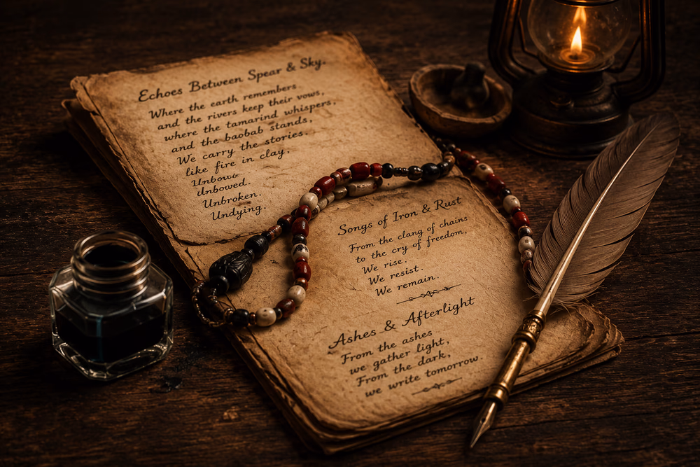 Poetry manuscripts for the Mekatilili Universe, featuring Echoes Between Spear & Sky, Songs of Iron & Rust, and Ashes & Afterlight with a quill and ink.
