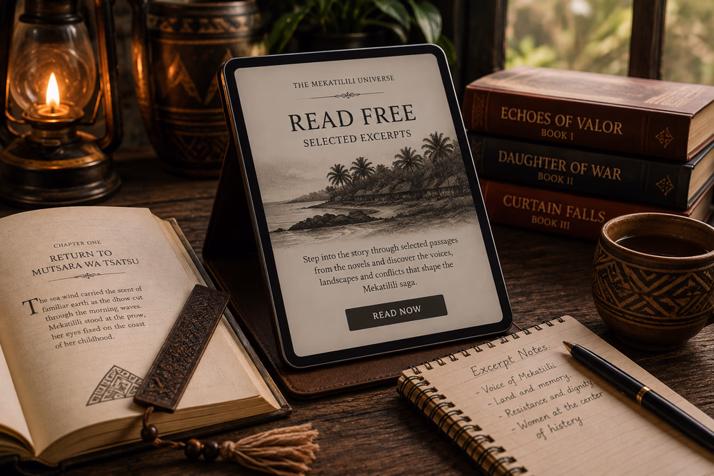 A reading nook featuring free excerpts from the Mekatilili Universe, with Echoes of Valor, Daughter of War and Curtain Falls in view.