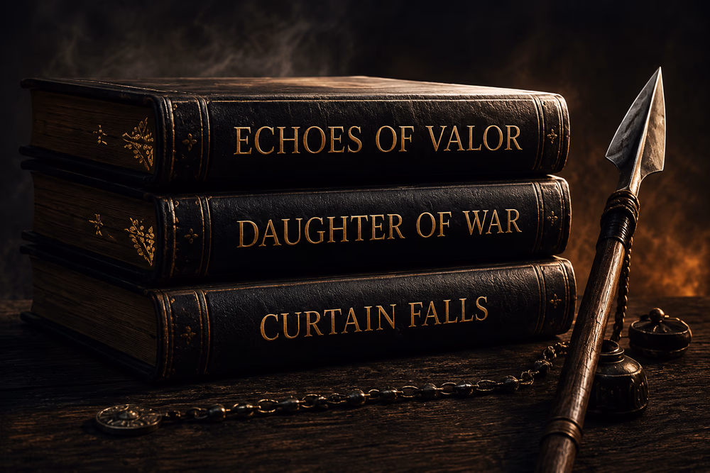 Three leather-bound novels, Echoes of Valor, Daughter of War and Curtain Falls, symbolizing the Mekatilili wa Menza historical fiction trilogy.