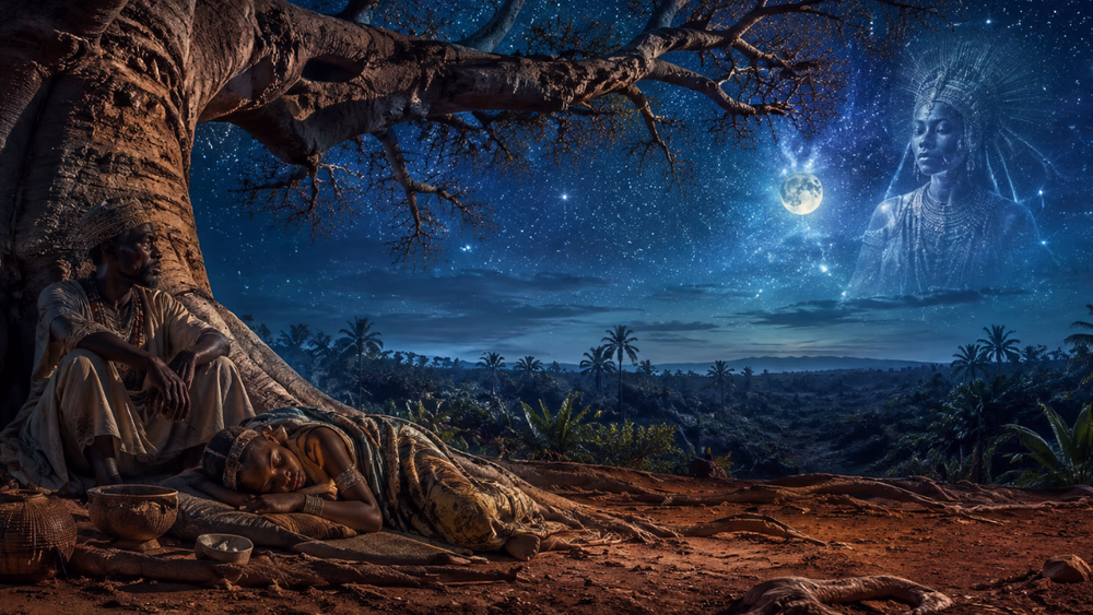 Young Mnyazi sleeps beneath a baobab as Mzee Menza watches over her beneath the stars.