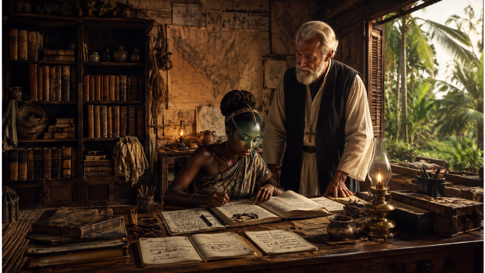 Young Mnyazi studies at a Rabai writing desk as Friar Mark guides her through books, maps and Giriama, Swahili and English vocabulary.