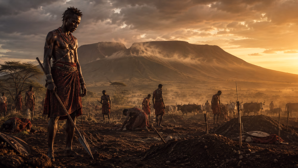Dyeka wa Duka stands weary after battle near Mount Longonot, his lowered spear reflecting the human cost of victory as warriors and cattle gather behind him.