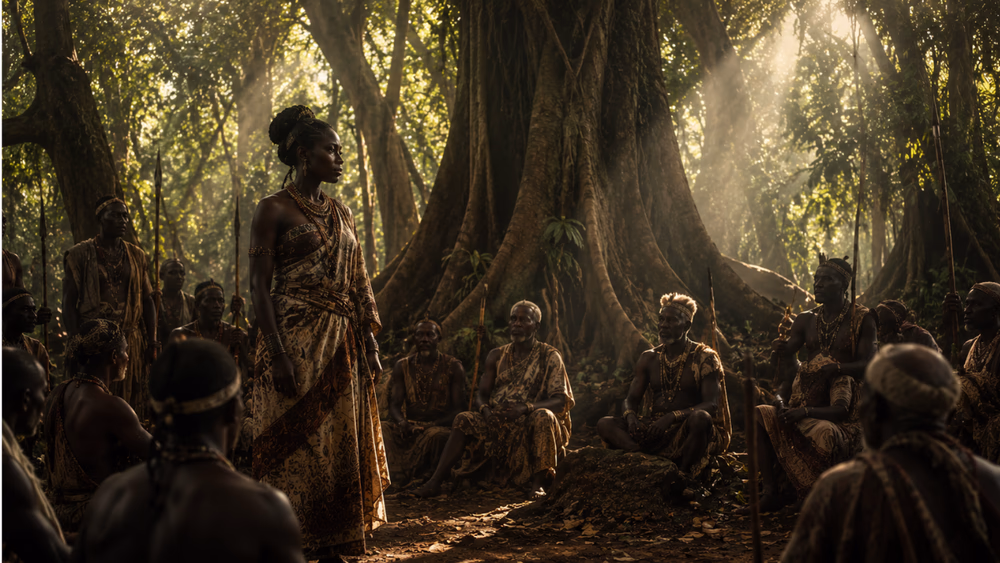 Mekatilili wa Menza addresses Giriama elders at Kaya Fungo beneath an ancient forest canopy, as spears, staffs and filtered sunlight frame the council.