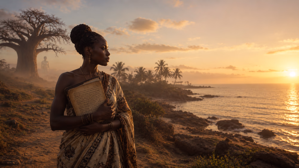 A young Giriama woman strolling by the Kenya northern coastal strip, holding a parchment.