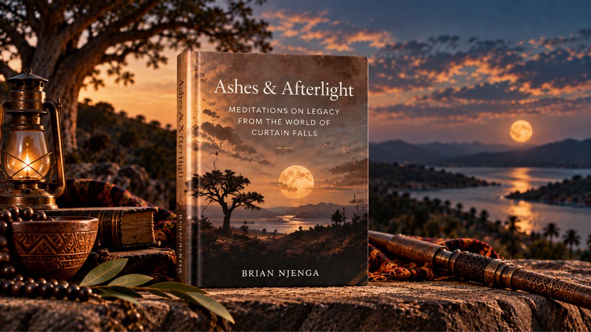 Ashes & Afterlight poetry collection by Brian Njenga, symbolizing legacy and remembrance against an African landscape beneath a glowing moon.