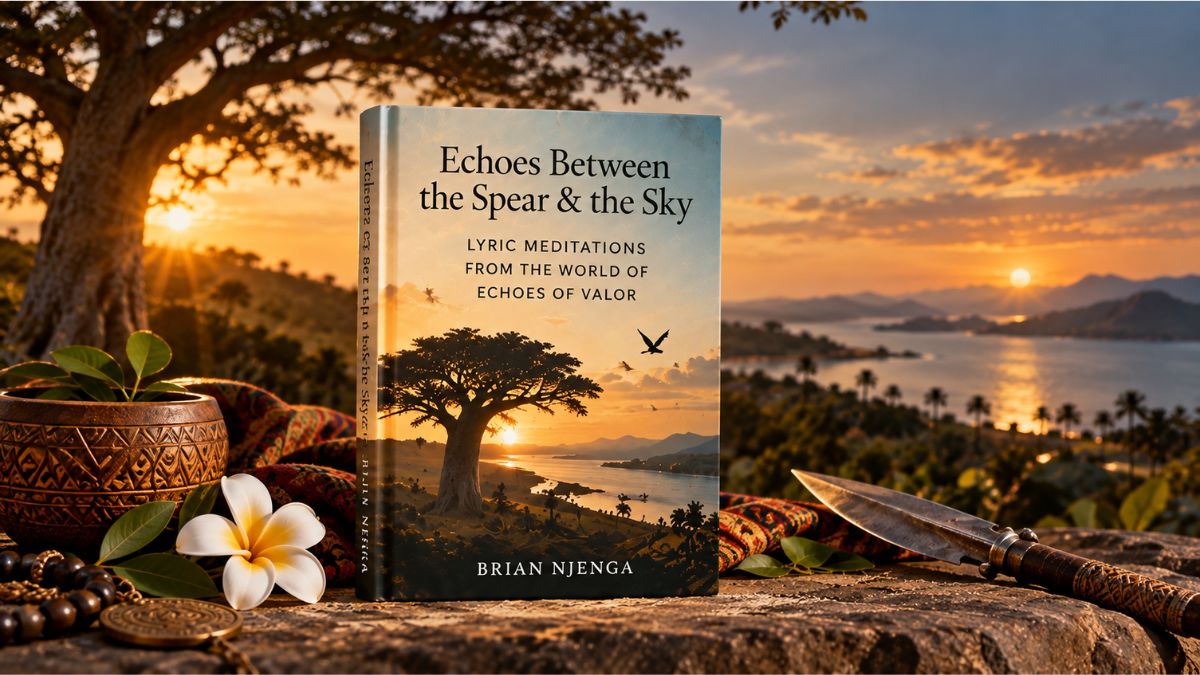 Echoes Between the Spear & the Sky poetry collection by Brian Njenga, shown against a coastal African landscape with a baobab tree and sunset.