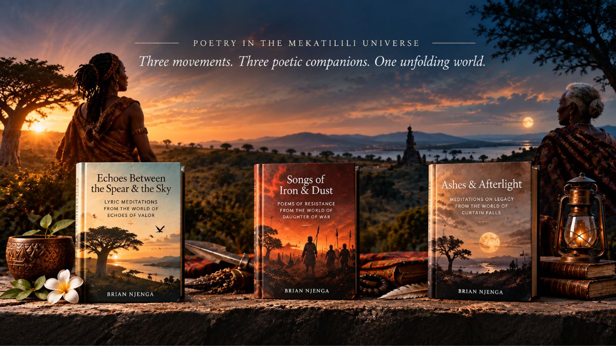 Poetry in the Mekatilili Universe hero banner featuring three companion books representing the trilogy’s movements, set against an African landscape at sunset.
