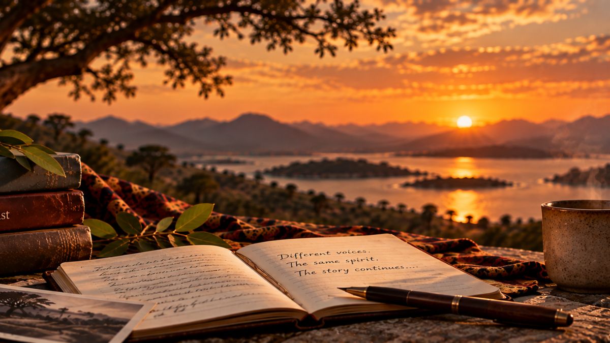 Three Mekatilili Universe poetry collections beside an open journal overlooking an African landscape, symbolizing the trilogy’s continuing story in verse