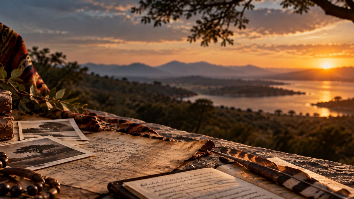 Historical research workspace overlooking an African landscape, symbolizing archives, cultural memory and the untold stories explored through poetry.