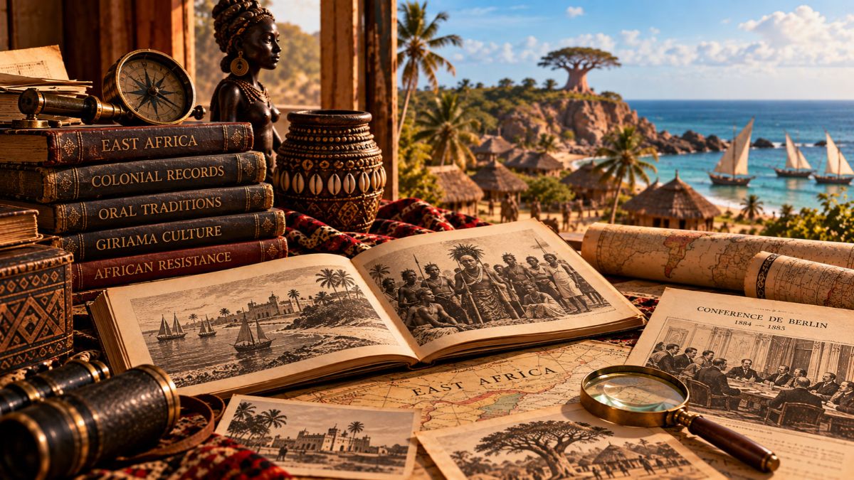 Historical research materials, East African maps, cultural artifacts, archival illustrations and colonial records arranged on a table overlooking the coast.