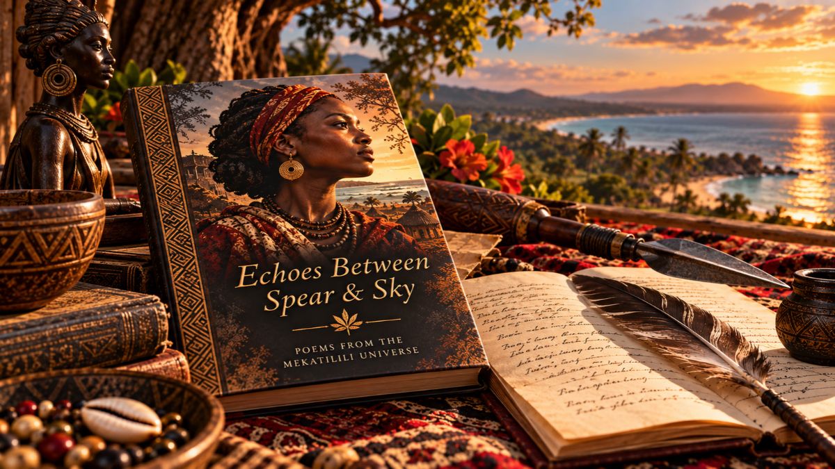 A poetry book rests beside handwritten verses, a feather quill, cultural artifacts and a spear overlooking a glowing East African coastal landscape.