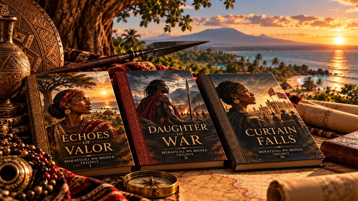 Three volumes—Echoes of Valor, Daughter of War and Curtain Falls—rest on a map beside a woman overlooking a coastal landscape at sunset.