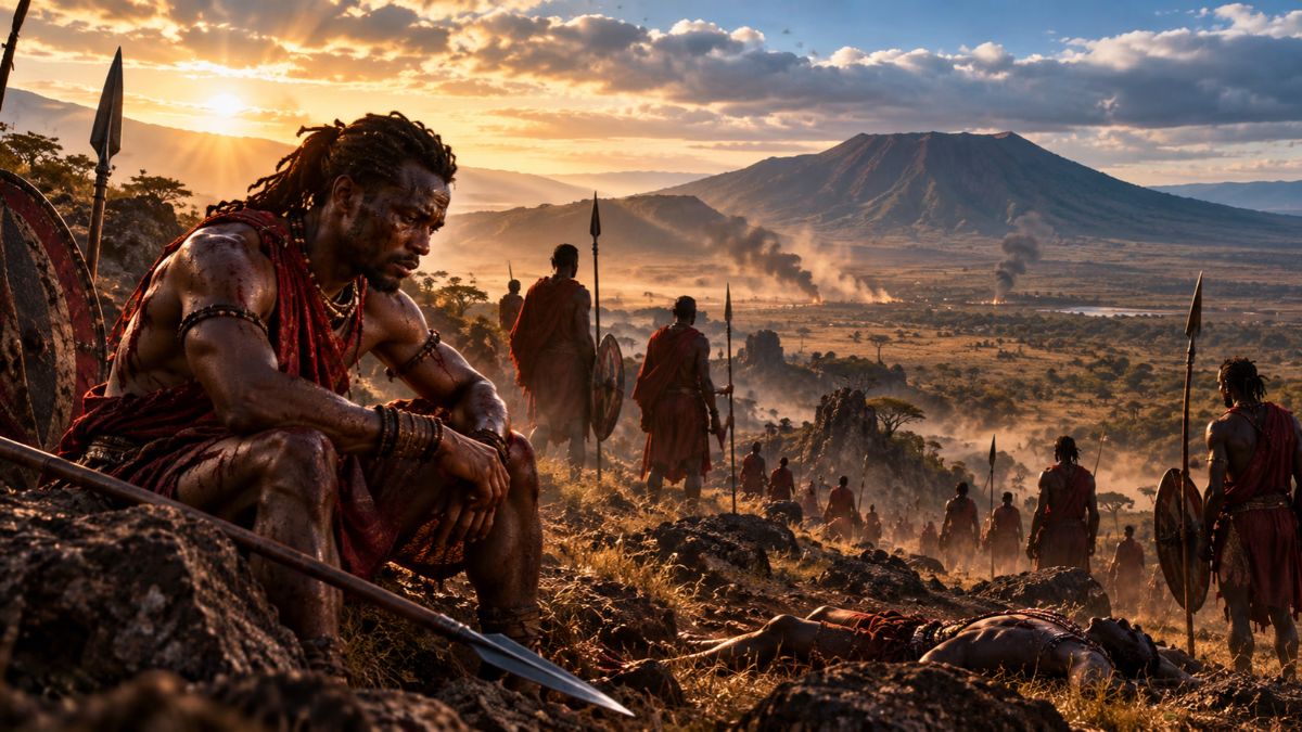 Young Dyeka stands among Narok morans near the volcanic landscape of Mai Mahiu and Mount Longonot, spear in hand after battle.