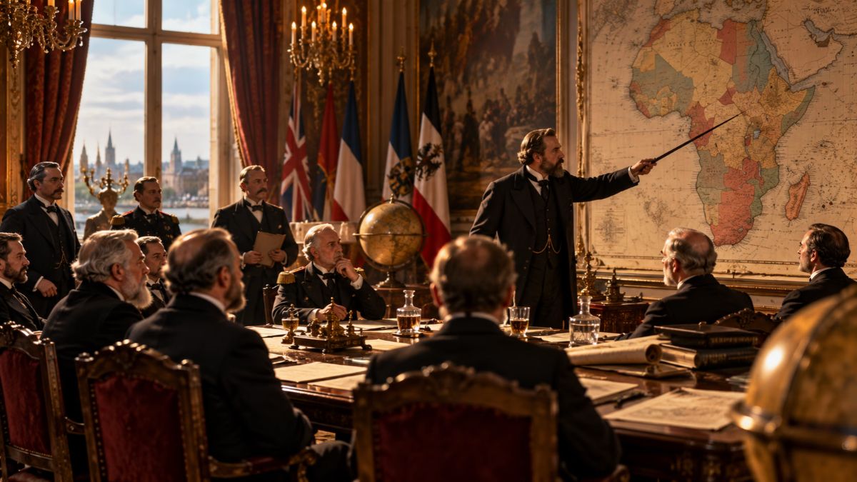 European diplomats gather around maps of Africa inside a nineteenth-century conference room, symbolizing decisions made without African representation.