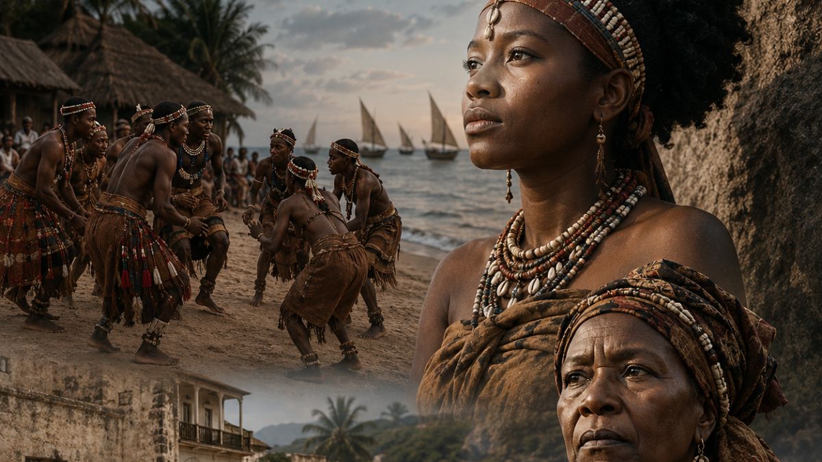 Young and elder Mekatilili stand amid Kifudu dancers and colonial forces, symbolizing culture transformed into resistance.