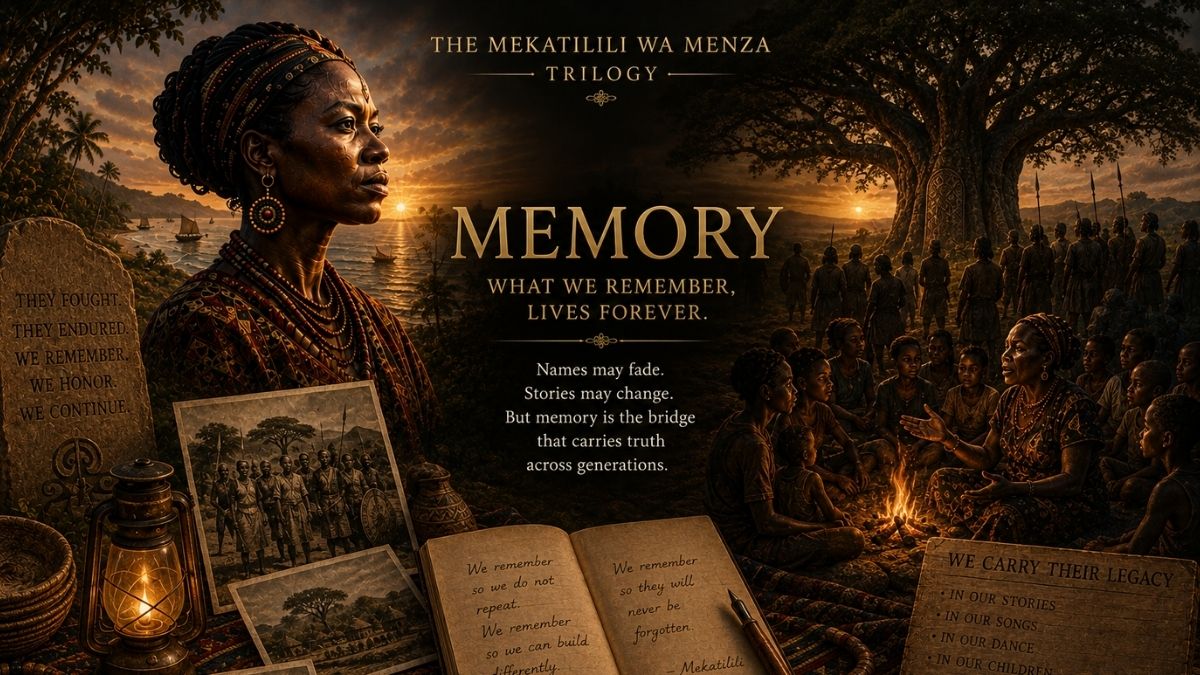 Cinematic Mekatilili wa Menza trilogy banner depicting ancestral storytelling, historical memories, cultural traditions and a community preserving her legacy across generations.