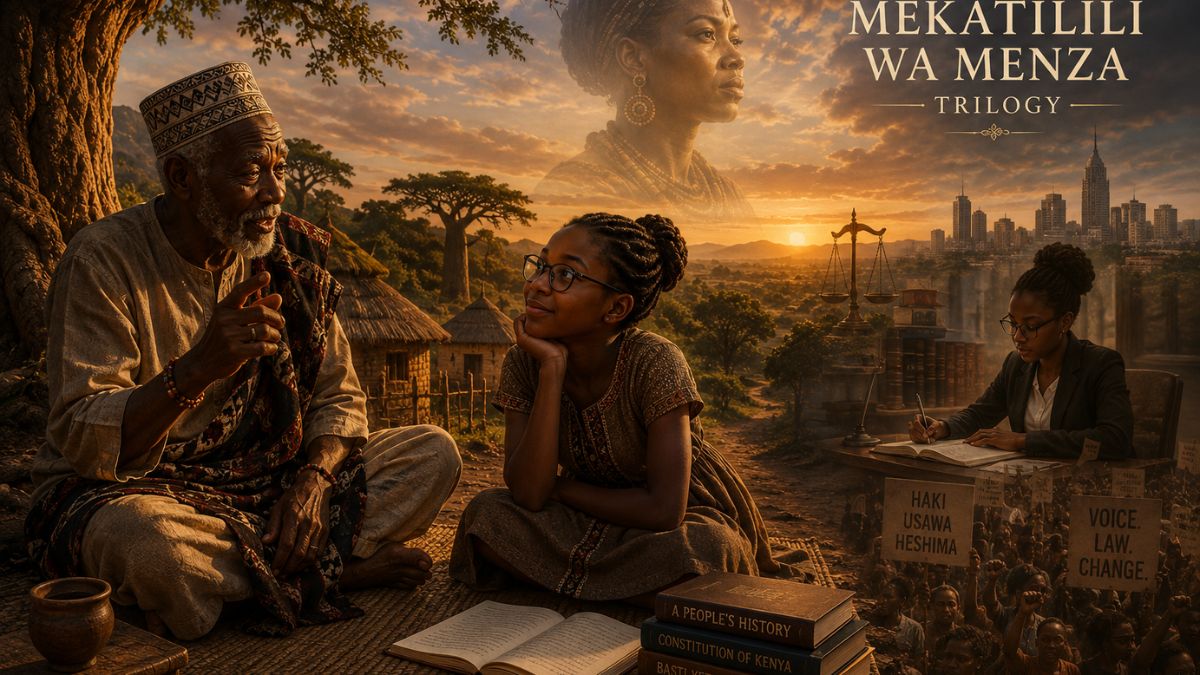 Mnyazi the Younger listens proudly to her grandfather Katilili’s ancestral tales in Mutsara wa Tsatsu, beneath Mekatilili’s spirit, foreshadowing her future legacy.