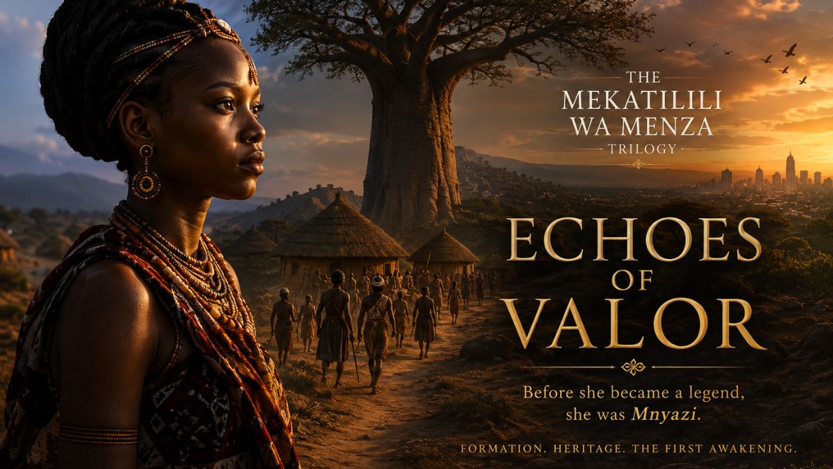 Echoes of Valor book cover depicting Mnyazi in a Giryama landscape, with a baobab, village path, ancestral community and distant Kenyan skyline at sunset.