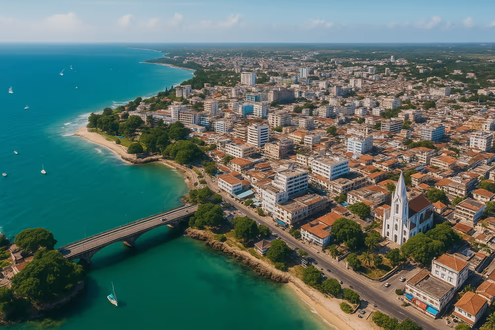 Aerial view of Mombasa, Kenya — home of content strategist and SEO copywriter Brian Njenga.